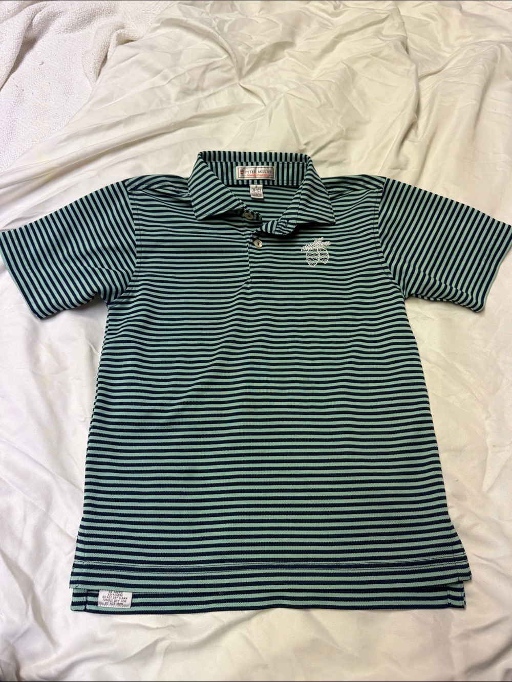 Peter Millar Aqua and Navy Striped Kids Polo with Pinecone Crest